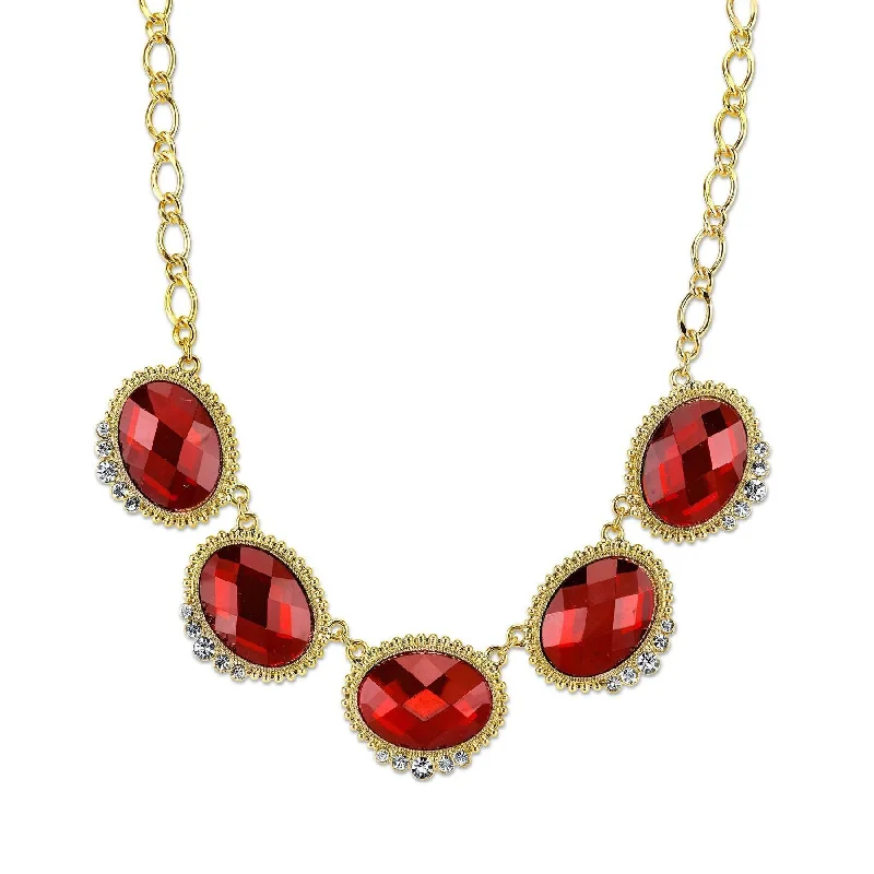 Animal Necklaces-2028 Jewelry Red With Crystal Accent Oval Faceted Station Collar Necklace 16" + 3" Extender