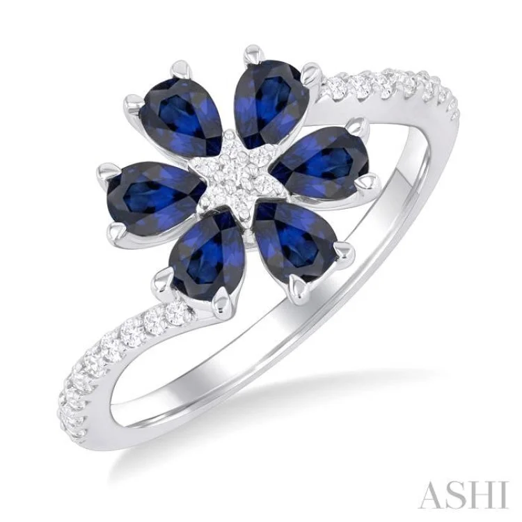 Bridal Rings with Birthstones-4X3 MM Pear Cut Floral Blossom Sapphire and 1/5 ctw Round Cut Diamond Bypass Precious Ring in 14K White Gold