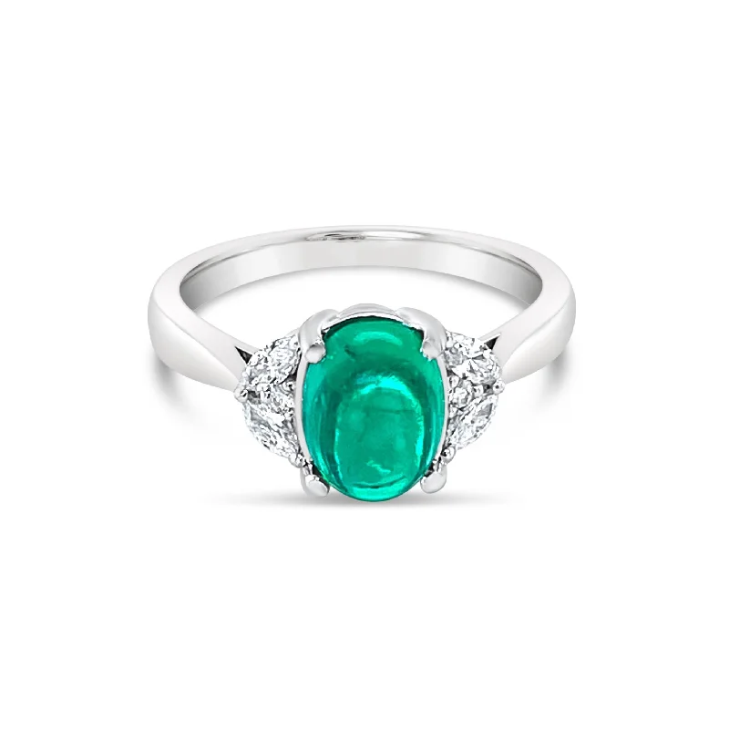 Custom Gemstone Rings-Cabochon Emerald & Half Moon Style Invisible Set Diamonds Ring