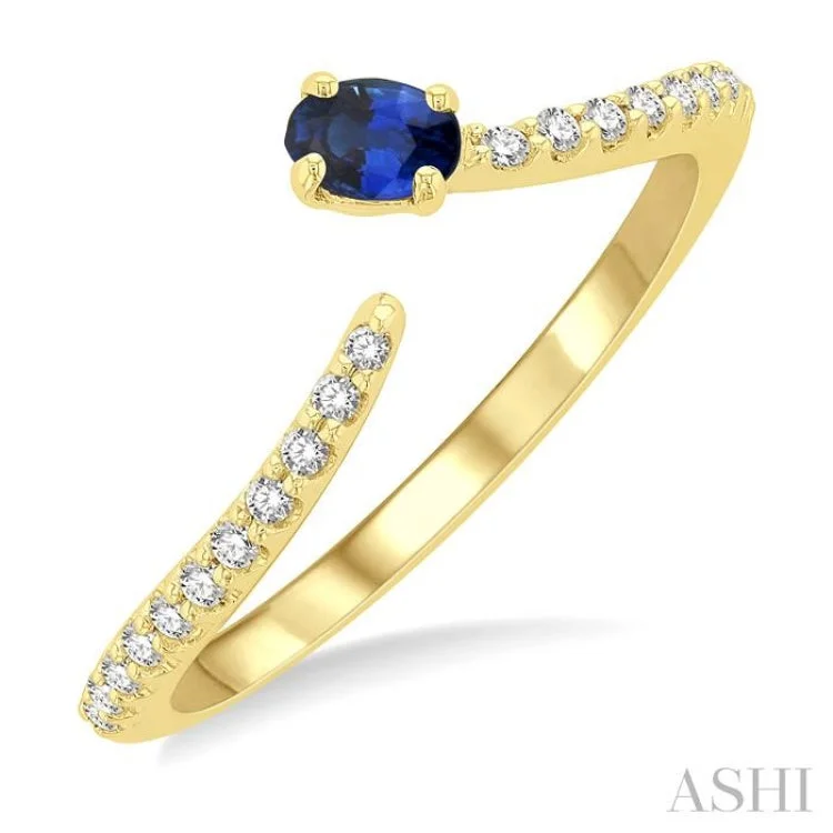 Matching Couples Rings-4X3 MM Oval Cut Sapphire and 1/10 ctw Petite Round Cut Diamond Precious Fashion Ring in 10K Yellow Gold