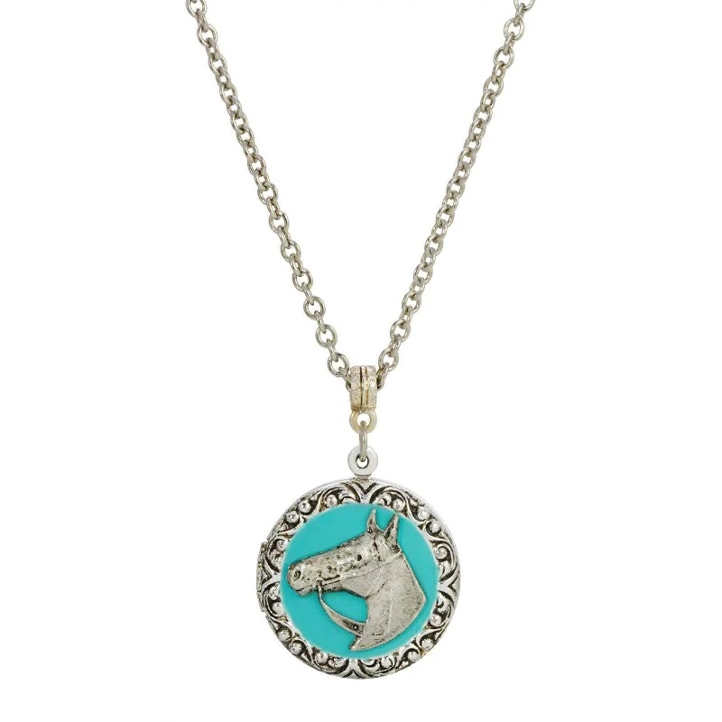 Love Necklaces-1928 Jewelry Southwest Turquoise Enamel Horse Head Round Locket Necklace 24"