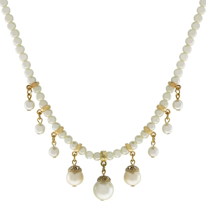 Trendy Gold Necklaces-1928 Jewelry 5mm Faux Pearl Strand Chain & Faux Pearls Drops Necklace 15" + 3" Extender