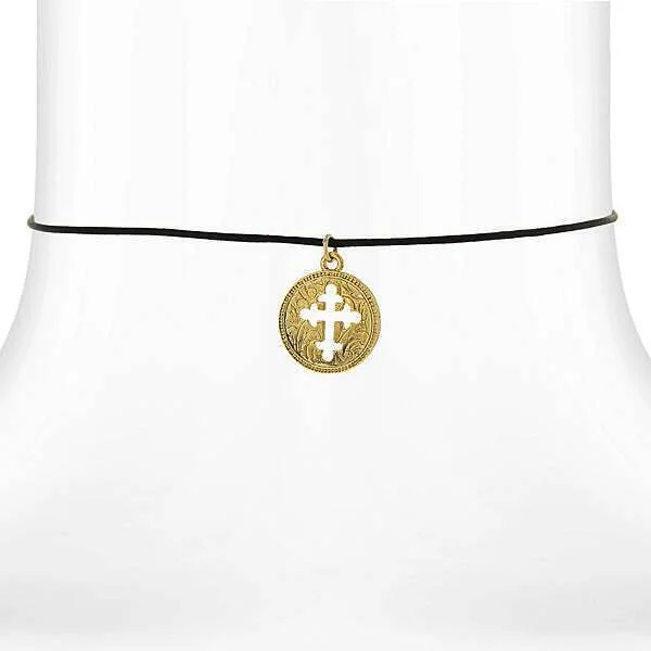 Trendy Gold Necklaces-Symbols Of Faith Gold Budded Cross Pendant Black Satin Cord Necklace 14" + 3" Extender