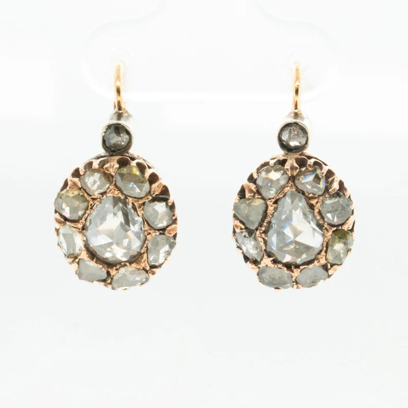 Silver Crystal Drop Earrings-Antique 1800s 9k Yellow White & Rose Gold Rose Cut Diamond Cluster Earrings 3ctw