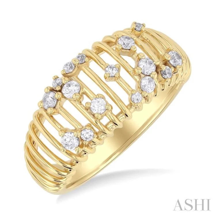 Mixed Metal Wedding Rings-1/3 ctw Open Ribbed Dome Shape Round Cut Diamond Scatter Fashion Ring in 14K Yellow Gold