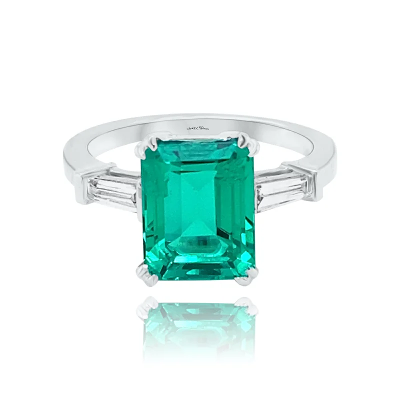 Custom Promise Rings-Emerald & Baguette cut Diamonds Trilogy Ring