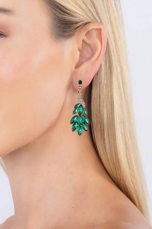 Sterling Silver Hoop Earrings-Eye Candy Los Angeles - Green Peacock Drop Earrings