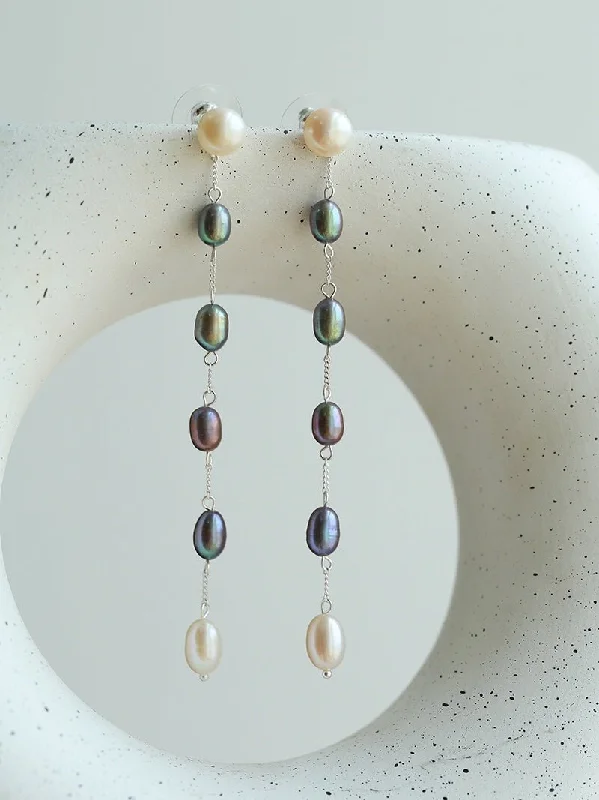 Geometric Drop Earrings-Iridescent Pearl Two-Tone Long Dangle Earrings