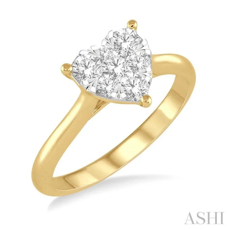 Retro Engagement Rings-1/2 ctw Round Cut Diamond Heart Shape Lovebright Ring in 14K Yellow and White Gold