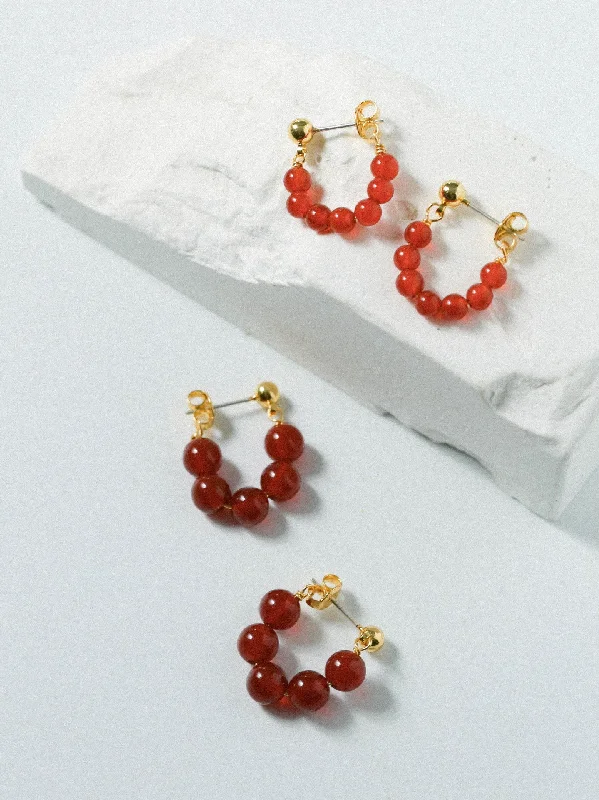 Sparkling Hoop Earrings-New Year's Red Agate Stone Beaded Earrings