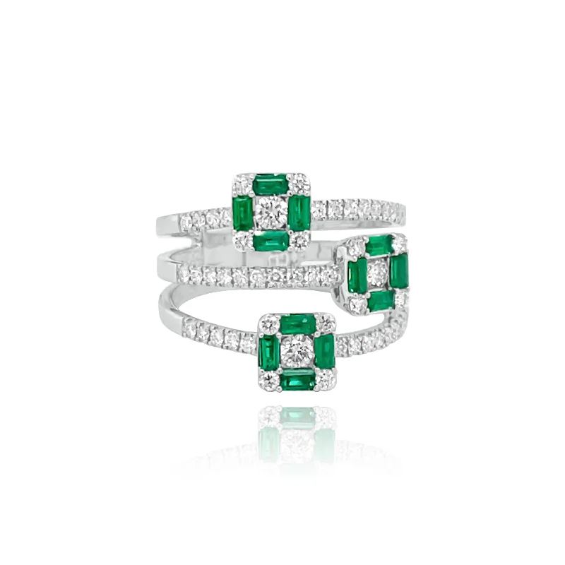 Matching Engagement Rings Sets for Couples-THREE ROW DIAMONDS & EMERALDS  "LITTLE CUBE" RING.