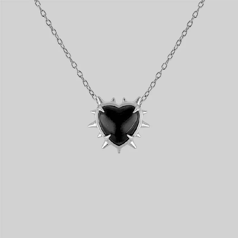 Custom Diamond Necklaces-VOID. Spiked Black Glass Heart Necklace - Silver