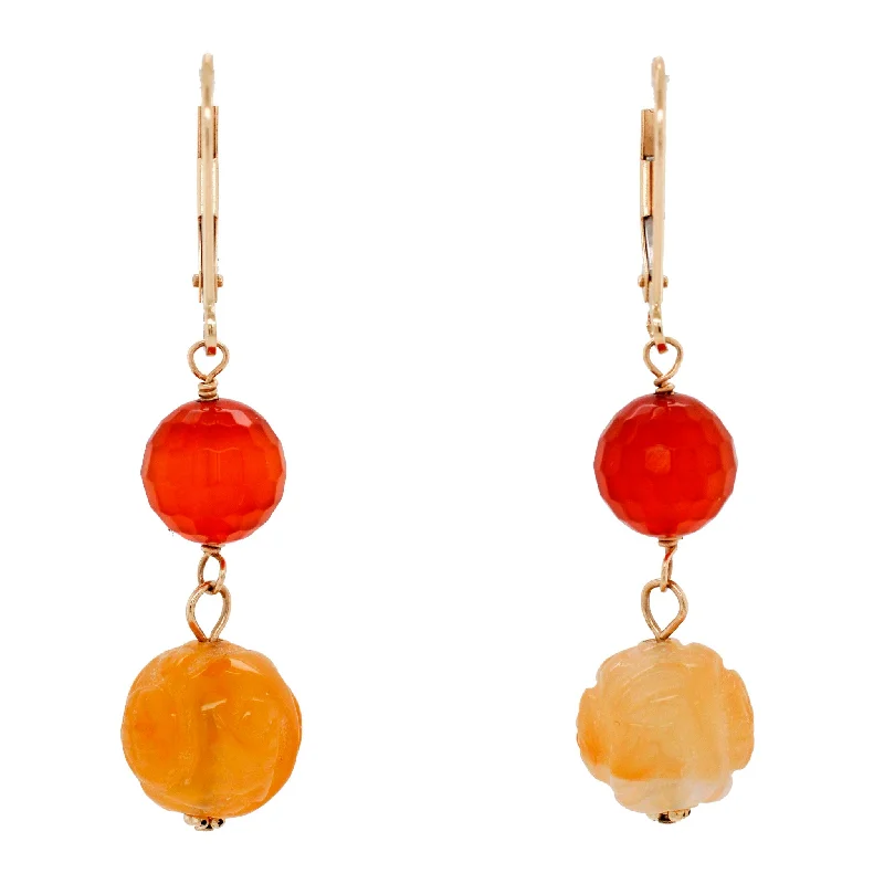 Artistic Hoop Earrings-Vintage Chinese Shou Citrine & Carnelian Drop/Dangle Earrings - 14k Yellow Gold