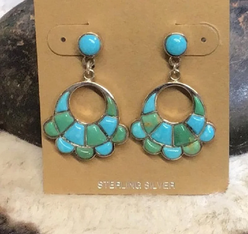 Trendy Gold Hoop Earrings-Blue Green Turqoise Inlay Hoop Dangle Earrings