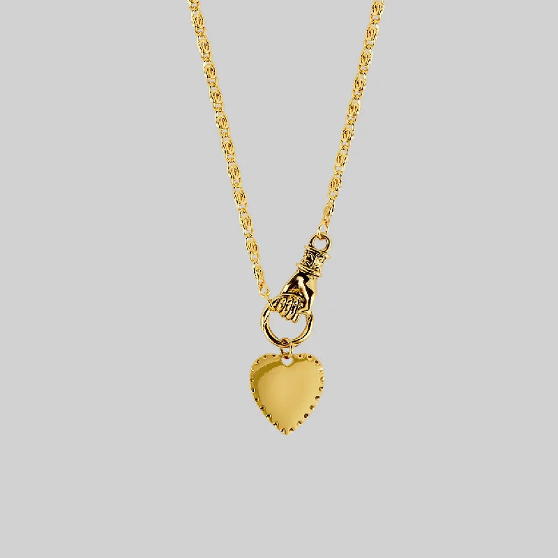 Gold Necklaces-HAND OF GLORY. Grasping Heart Necklace - Gold