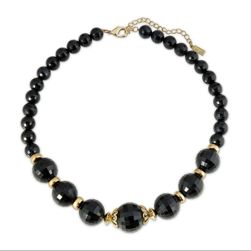 Simple Pendant Necklaces-1928 Jewelry Round Black Faceted Beaded Stranded Necklace 16" + 3" Extender