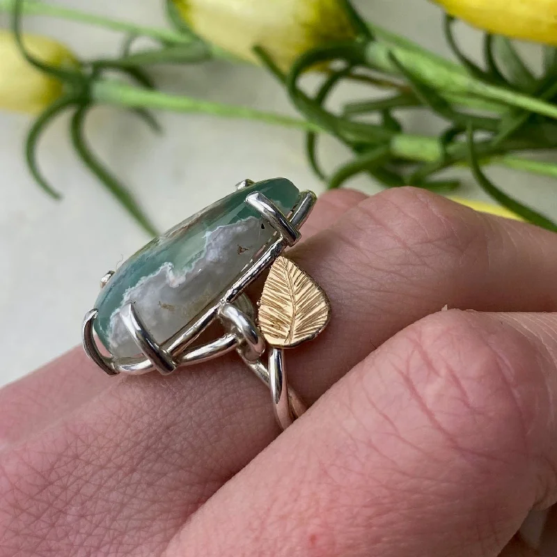 Designer Promise Rings-Yellow Gold and Silver Chrysoprase Leaf Ring