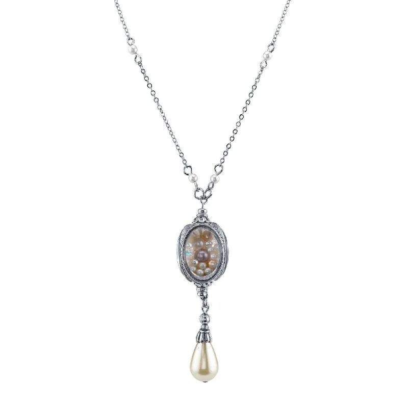 Color Changing Necklaces-1928 Jewelry Antiqued Pewter Faux Pearl Drop Spinner Pendant Necklace 30"