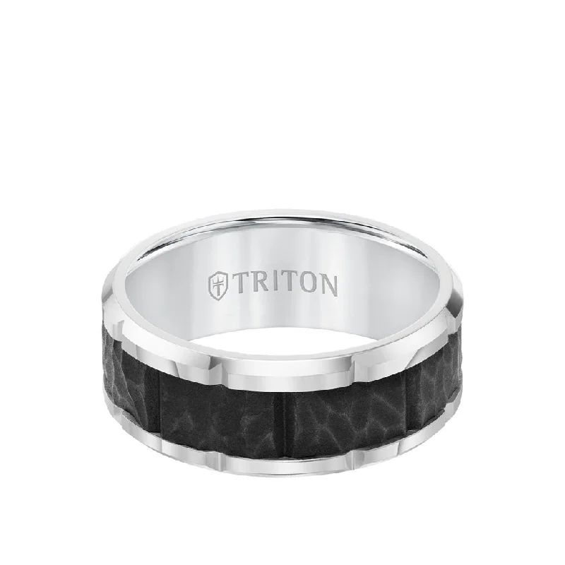 Vintage Gemstone Wedding Bands-9MM Tungsten Carbide Ring - Black Sandblasted Center and Bevel Edge