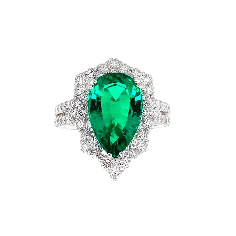 Stackable Engagement Rings-Pear Shape Emerald & Diamonds "francesca" Ring