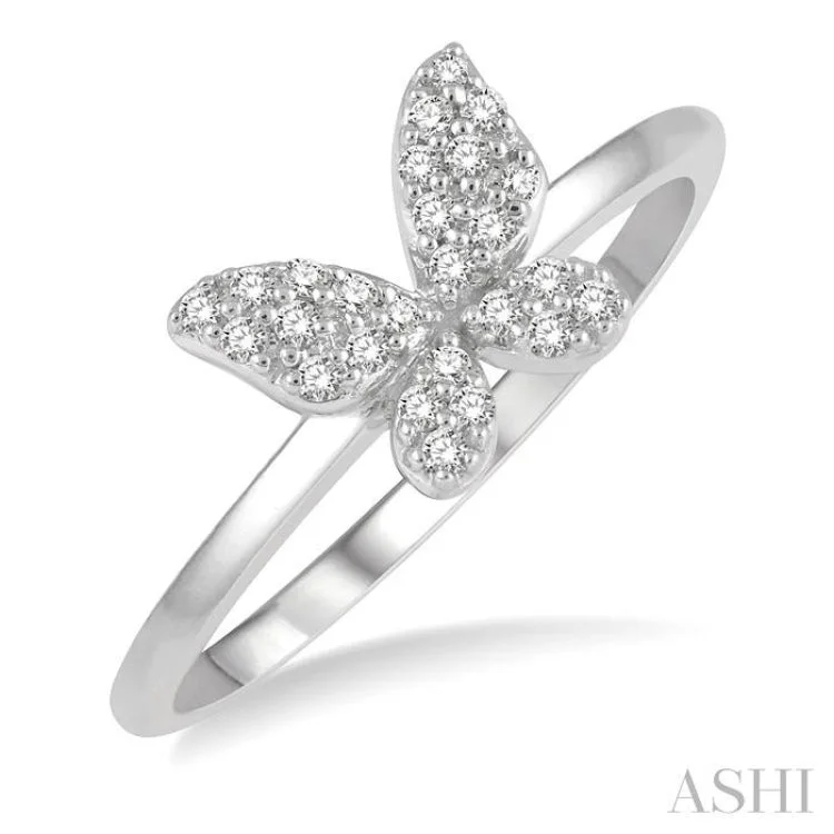 Gemstone Engagement Ring Sets-1/6 ctw Butterfly Motif Round Cut Diamond Petite Fashion Ring in 14K White Gold