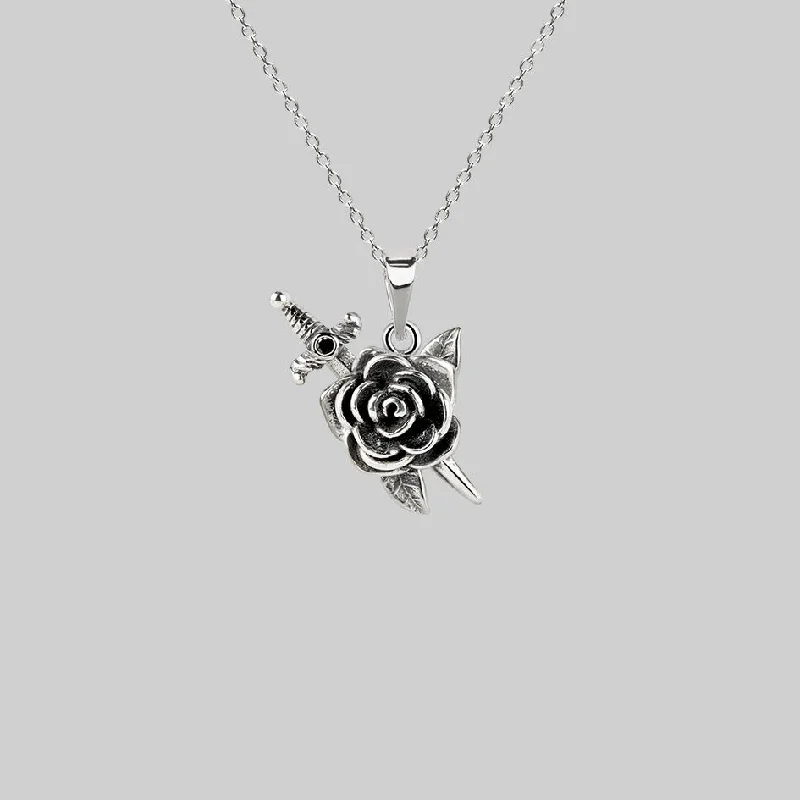 Opal Necklaces-RHAPSODY. Dagger Through Rose Necklace - Silver