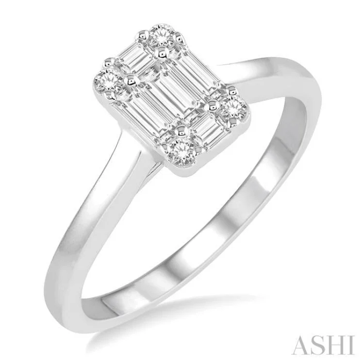 Artistic Wedding Bands-1/3 ctw Baguette and Round Cut Fusion Diamond Engagement Ring in 14K White Gold