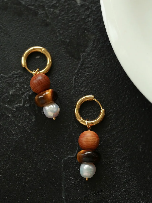 Gold Chain Earrings-Primeval Forest Nature's Wood Bead Pearl Drop Earring