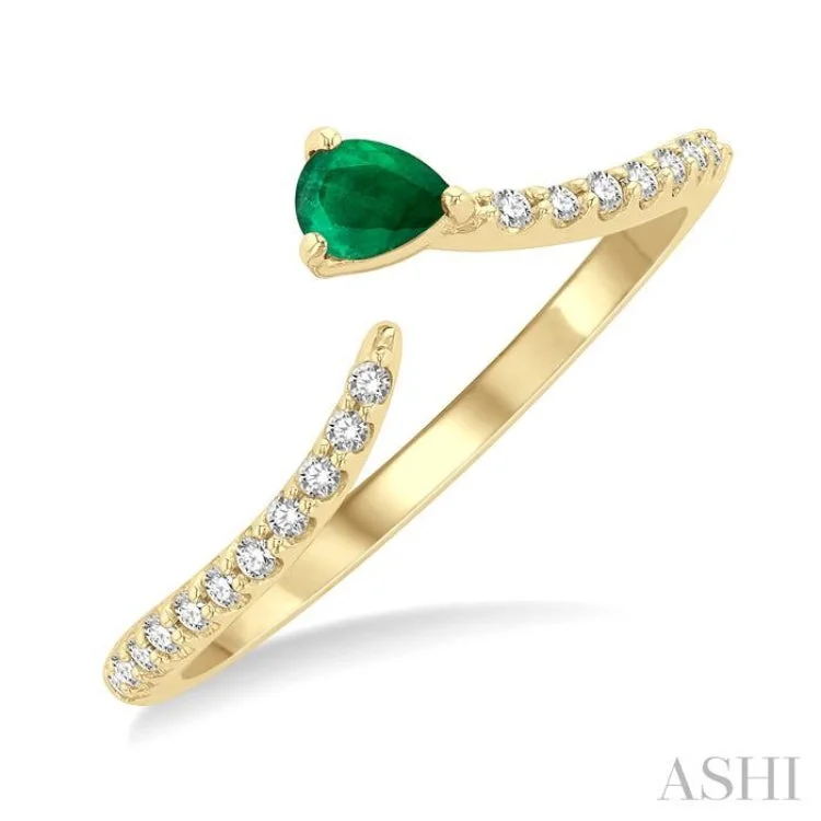 Handmade Promise Rings-4X3 MM Pear Cut Emerald and 1/10 ctw Petite Round Cut Diamond Precious Fashion Ring in 10K Yellow Gold