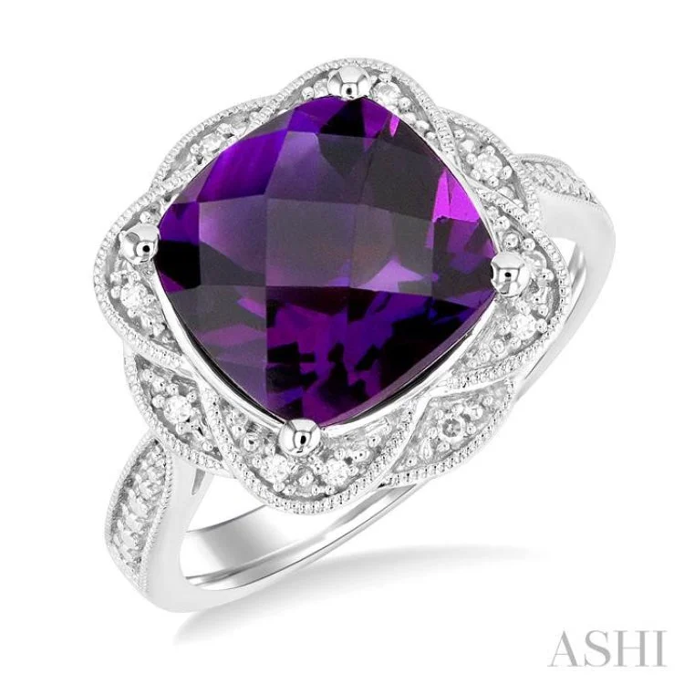 Custom Ring Sets for Couples-1/20 ctw Cushion Shape 10X10 MM Amethyst and Round Cut Diamond Semi Precious Ring in Sterling Silver