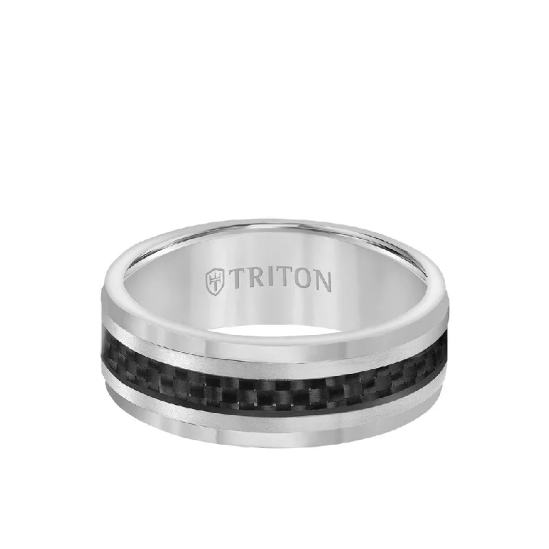 White Gold Wedding Sets-8MM Ring - Black Carbon Fiber Center and Step Edge