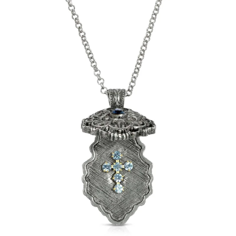 Fashionable Necklaces-Symbols Of Faith Antiqued Pewter Blue Crystal Cross Locket Necklace 28"