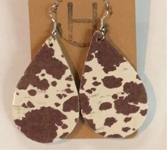 Silver Leaf Drop Earrings-Cow Print Leather Teardrop Earrings