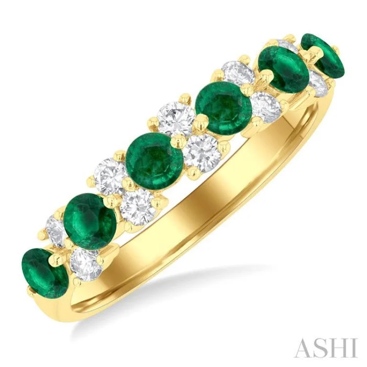 Custom Promise Rings for Women-3 MM Emerald and 1/3 ctw Round Cut Diamond Precious Band in 14K Yellow Gold