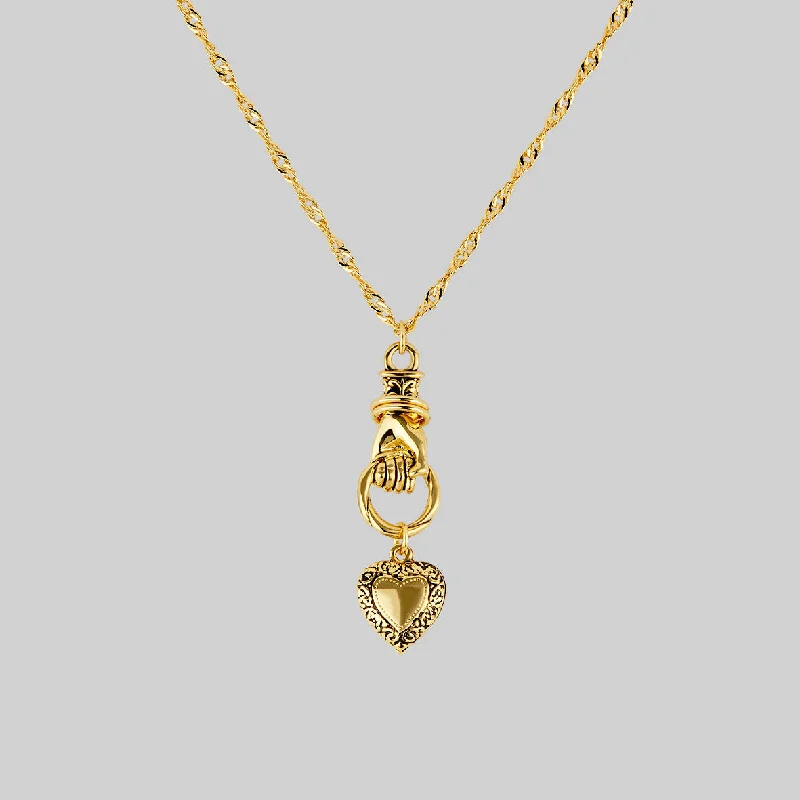 Personalized Silver Necklaces-ALL OF ME. Hand Grasping Heart Necklace - Gold