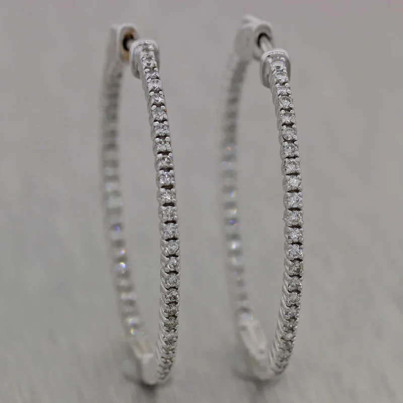 Gold Chain Earrings-Modern Thin 14k White Gold 1.23ctw Diamond In & Out Hoop Earrings