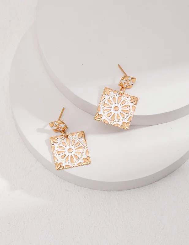 Star Shaped Earrings-Square Drop Earrings with Enamel Glaze