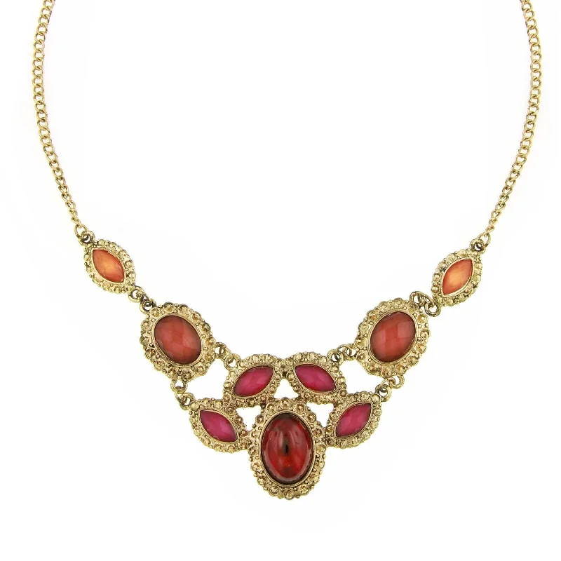 Crystal Necklaces-2028 Jewelry Padparadscha Fuchsia Siam Red Bib Necklace 16" + 3" Extender