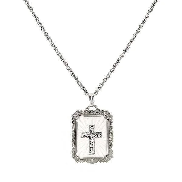 Personalized Silver Necklaces-Symbols Of Faith Frosted Stone With Crystal Cross Large Pendant Necklace 18"