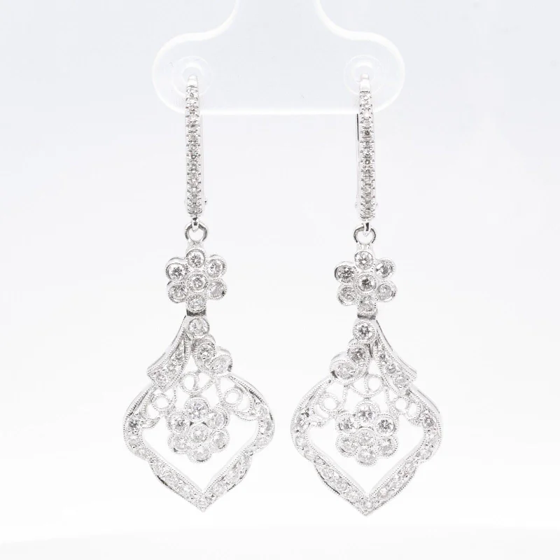 Clear Crystal Earrings-18k White Gold Diamond Leaf Vine Motif Earrings 0.85ctw G VS2