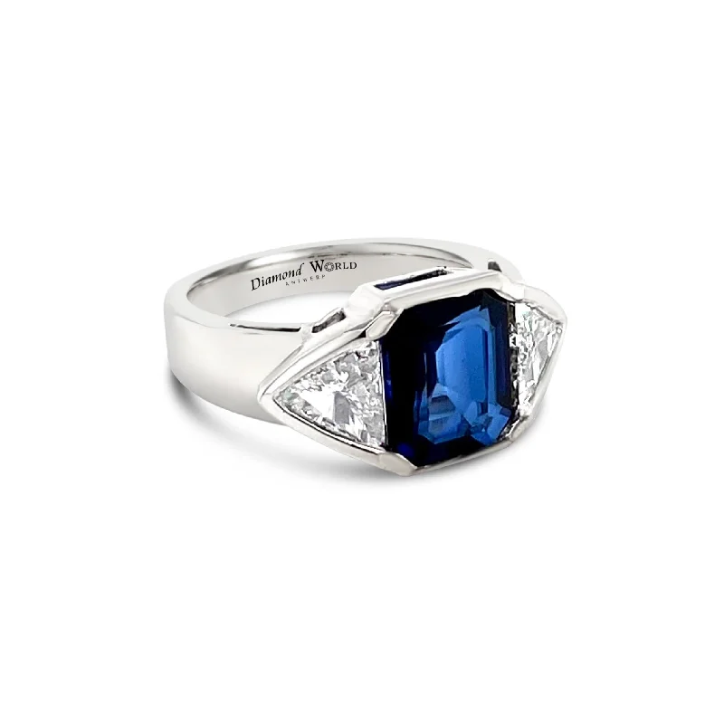 Custom Men’s Promise Rings-Radiant cut Sapphire & Trillion cut Diamonds "Alison" Ring