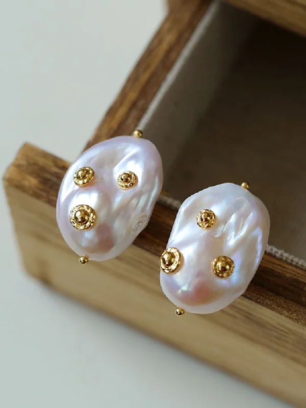 Geometric Crystal Earrings-Artisanal Baroque Pearls Earrings-Gold