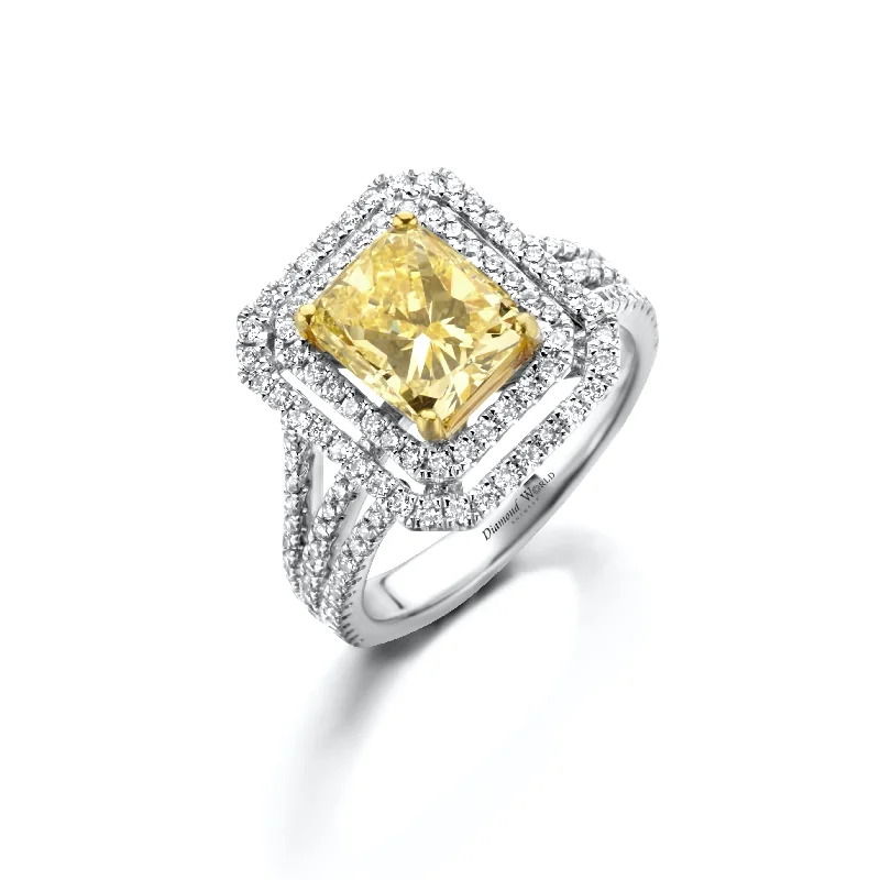 Wedding Ring Stack-Double Halo Three row sided Fancy Yellow Radiant cut Diamonds Ring