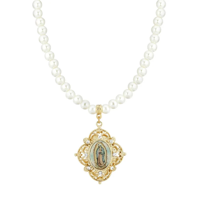 Topaz Necklaces-Symbols Of Faith White 6mm Faux Pearl Strand Virgen De Guadalupe Pendant Necklace 15" + 3" Extender