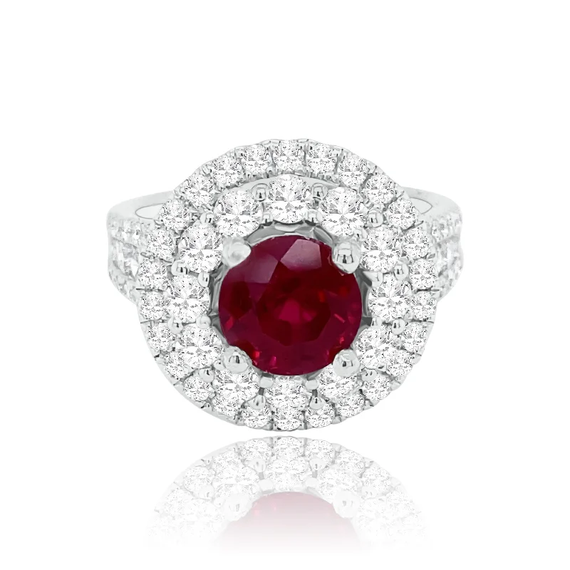 Designer Engagement Bands-Double Halo set Ruby & Diamonds "Sylvie" Ring