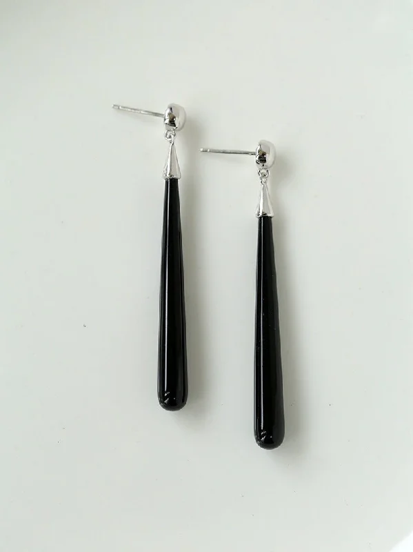 Rose Quartz Earrings-Long Teardrop Black Agate Earrings