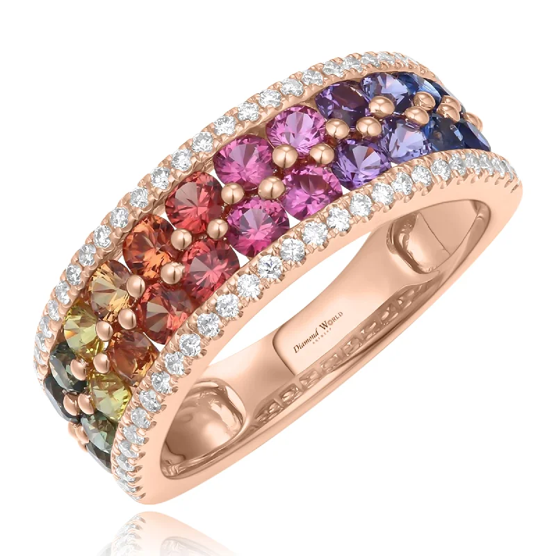 Wedding Bands with Birthstones-Multi Row  Multi Colour Sapphires & Diamonds Ring