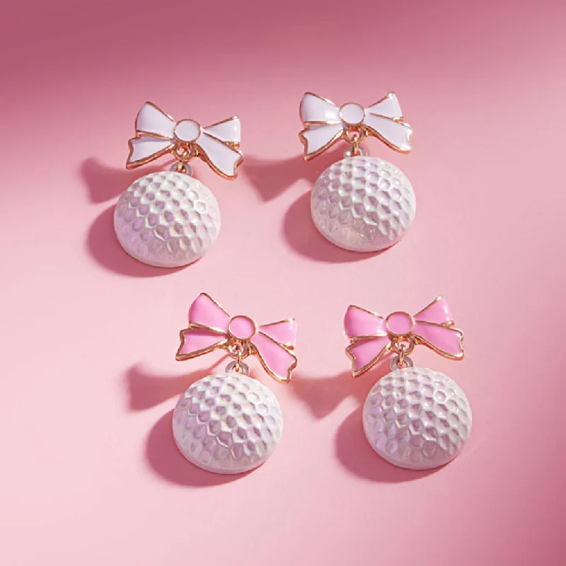 Pink Sapphire Earrings-Golf Ball with Enamel Bow Post Earrings