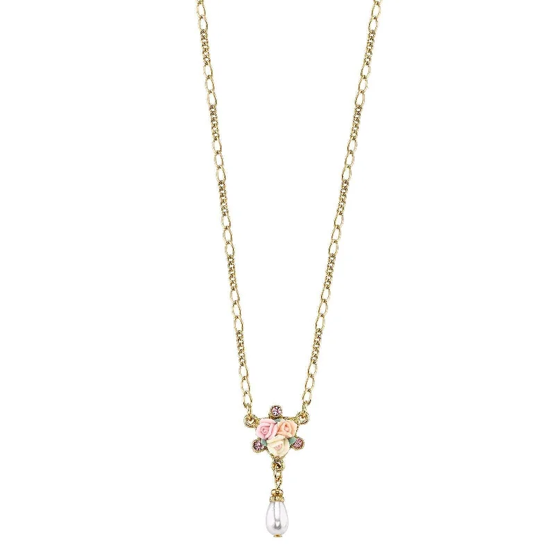 Energy Necklaces-1928 Bridal Crystal Ivory And Pink Porcelain Rose Faux Pearl Necklace 16" + 3" Extender