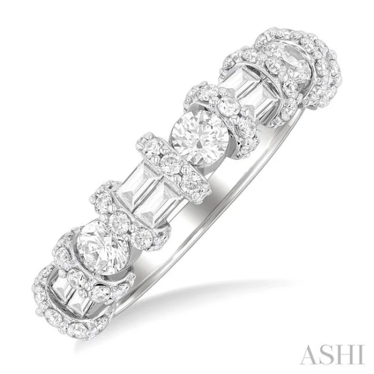 Custom Promise Band Rings-1.00 ctw Fusion Baguette and Round Cut Diamond Fashion Band in 14K White Gold